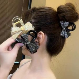 Korean Style Sparkling Diamond Bow Clip Shark Clip Fashionable Back of The Head Ponytail Clip Headwear for Women