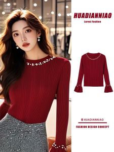 Stylish French Christmas Red round Neck Knitted Sweater Womens Inner Wear Top Spring High-End Feel Commute Lady Fit Knitwear