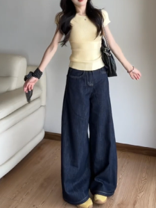 กางเกงยีนส์ขากว้างเอวสูงสีน้ำเงินเข้มสไตล์อเมริกันย้อนยุคสำหรับผู้หญิง กางเกงขายาวทรงหลวม ทรงสลิม ทรงหลวม ทรงหลวม ทรงหลวม