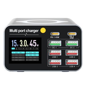 Bộ Sạc Đa Cổng 80W Có Màn Hình Màu Sạc Không Dây Đồng Thời Cho Điện Thoại Thông Minh Máy Tính Xách Tay Máy Tính Bảng - Trạm Sạc Nhanh USB Type-C