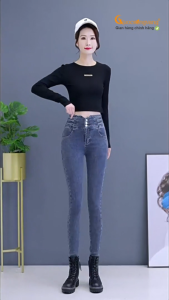 Quần jean nữ lưng cao dáng ôm tốn dáng vải co giãn GLQ166