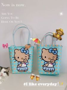 กระเป๋าถือผู้หญิง Kitty หนังดำ ขนาดใหญ่ ความจุสูง กระเป๋าถือชายหาด กระเป๋าถือแบบถัก กระเป๋าถือแบบถอดได้ กระเป๋าถือทรงถัง กระเป๋าถือแบบลำลอง กระเป๋าถือแบบทันสมัย