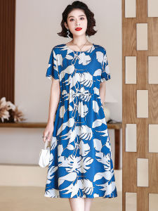 Classy Middle-Aged and Elderly Shanghai Faux Silk Dress Summer New Outdoor Elegant Mother Clothing Artificial Cotton Floral Skirt