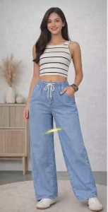 Women Elastic Waist Wide Leg Jeans Casual Loose Denim Pants Comfortable High Waist Drawstring Jeans Size 25-35
