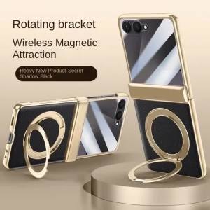 szhaiyu | Magnetic Leather Phone Case For Samsung Galaxy Z Flip 8 7 360° Swivel Bracket With Tempered Glass Anti-Drop Fingerprint Cover