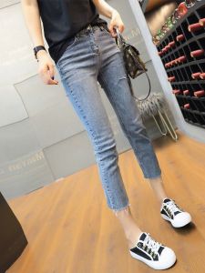 Slim Fit Skinny Jeans Elastic Waistband Seven Eight Lengthened Summer Thin Denim Straight Leg Pants Womens Fashion Outerwear