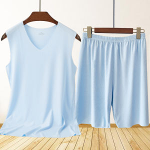 Mens Ice Silk Seamless Sleepwear Set Striped Vest Five-Quarter Shorts Two-Piece Casual Home Air Conditioning Clothing