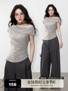 Elegant French Style Pleated Waist T-Shirt Shoulder Bared Asymmetrical Design Turn-down Collar Slim Fit Summer Top for Women