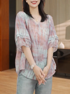 QINGNAER | Loose Plus Size Dyed Vintage Artsy Shirt V-Neck 3/4 Sleeves