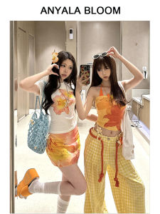 American Style Dopaamine Sleeveless Bandeau Tank Top Women Summer New Spicy Tight Flower Print Short Shirt Casual Fashion