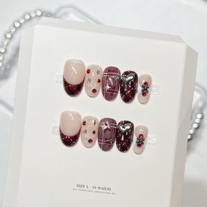 10pcs Short Oval French False Nails Ins Style Press on Nails with Cherry Bows Rhinestone for Party Wedding Nail Art