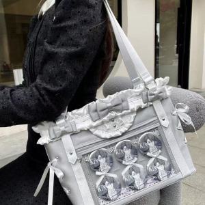 2025 New Ribbon Pain Bag Large Capacity Single Shoulder Bag Butterfly Knot Anime Grain Bag Casual Nylon Pure Color Youth Bag
