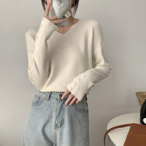 plus Size Womens French V-Neck Knitted Base Shirt Autumn Winter Loose Long Sleeve Top Fashionable Inner Wear Casual Polyester Fiber