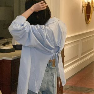 พลัสไซส์ ผู้หญิง เสื้อเชิ้ตแขนยาว กันแดด Hollow ดีไซน์ น้ำหนักเบา ฤดูใบไม้ผลิ ฤดูใบไม้ร่วง สไตล์ฝรั่งเศส ปกโปโล สีล้วน