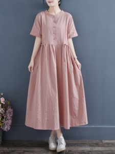 Retro Cotton Lin Womens Dress Korean Style round Neck Short Sleeve Midi Skirt Slimming Effect Summer Commute Loose Fit Dress
