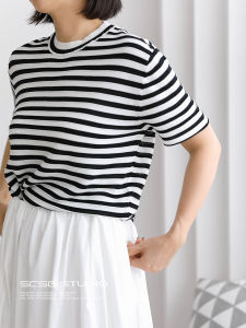 Cool Sensation Stripe Knitted Shirt Three Inches of Time 4688 Cotton plus Vinegar Fiber Short Sleeve Versatile Top for Women