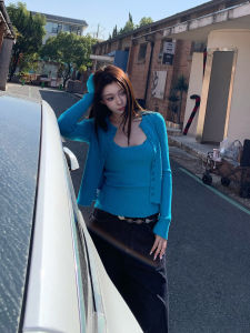 E7Q8 Korean Style Pure Desire Spicy Girl Knitted Strap Open Cardigan Two-Piece Set Women Multi-Color Slimming Top