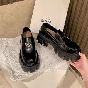 Elevated Heel Thick Bottom Genuine Leather Loafers Triangle Label British Style Black Miniature Leather Shoes 32 Small Size