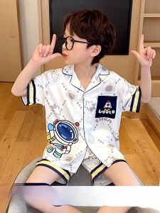 MiiOW | Ice Silk Sleepwear Short Sleeve Home Clothes For Boys Breathable Cool Feeling Polyester Fiber Summer Childrens Clothing