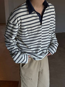 DAVID&ME | Striped Lazy Fit Mens Polo Shirt Spring Summer Retro Turn-down Collar Cooling Breathable