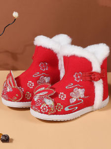 SHIPAILUO | New Winter Childrens Hanfu Snow Boots Embroidered Shoes Chinese Style Cotton Slippers Girls Festival Greeting Footwear