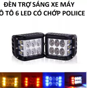 đèn trợ sáng 6 LED kèm chớp poliice xanh đỏ cho xe máy ôtô hàng chính hãng cao cấp