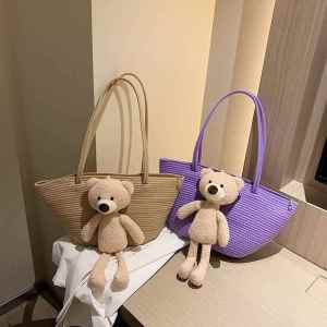 Túi Đeo Vai Đơn Bằng Rơm Dung Tích Lớn Mùa Hè Mới Túi Đeo Vai Hình Gấu Bằng Vải Lanh Cotton Dễ Thương Túi Đeo Vai Thường Ngày