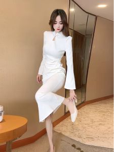 ชุดเดรสยาวคอตั้งสไตล์จีนใหม่ แขนยาว ทรงเข้ารูป เอวสูง กระโปรงทรงเอ สำหรับผู้หญิง ช่วงฤดูใบไม้ผลิและฤดูร้อน