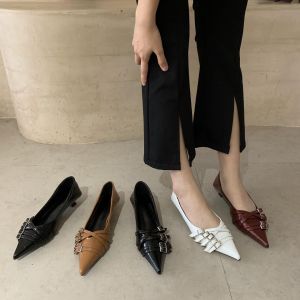 Cat Heel Soft Leather Low Heel Work Shoes Womens Summer New Style Pointed Toe Slip-On Fashion Single Shoes Medium Rubber Sole