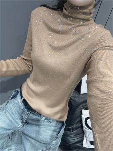 Elegant Long Sleeve Knitted Sweater High Collar Womens Autumn Winter Fashion Street Style Diamond Embellished Slim Fit Base Top