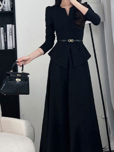 ชุดสองชิ้นแขนยาวสีดำหรูหราสำหรับผู้หญิง ชุดแฟชั่นฤดูใบไม้ร่วง 2025 คอลเลกชั่นใหม่ สไตล์เรียบง่าย เสื้อผ้าทำงาน ชุดนักเรียน
