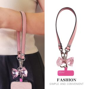 Portable Wide Version Leather Phone Strap Womens Style Butterfly Knot Handheld Chain Bag Drop Prevention Double Hook Creative New Model