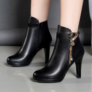 Fashionable Winter Short Boots round Toe High Heel Waterproof Platform Fleece Lined Korean Style Martin Boots Black Versatile