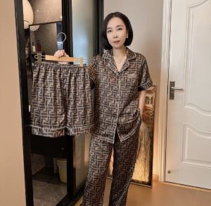 F Letter Brand Summer Thin Short Sleeve Three-Piece Set Sleepwear for Men And Women Luxury Home Clothes Couples Matching Ice Silk Pajamas