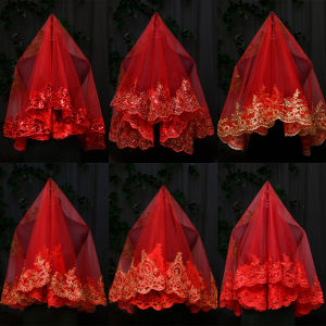 Red Half-Transparent Bridal Veil Fengguan Chepa Cover Head Wedding Dress Chinese Style Retro Showhe Uniform Hard Tulle Material