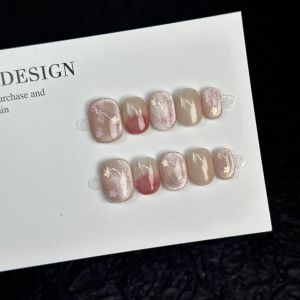 Short Square round 14mm Doudou Nail Pink Cat Eye Color Jumping Handmade Wear Nail Manicure Gentle Elegant Student New Arrival