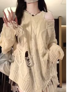 Fashionable Large Size Womens Knitted Hollow out Loose Fit round Neck Shoulder Bared Top for Early Autumn Korean Style