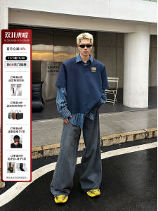 Áo Sơ Mi Nam Dài Tay Kẻ Sọc Phong Cách Đại Học Doublewin25SS Mùa Xuân Cổ Bẻ Thường Ngày Thường Ngày Dài Tay Giả Hai Mảnh