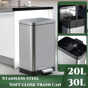 Stainless Steel Trash Can Commercial Foot Pedal Square Large Size 20L/30L Bathroom Kitchen Office Use Waste Bin Storage Bucket with plastic bucket inside