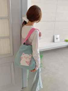 Cute Cat Print Canvas Tote Bag Large Capacity Shopping Bag Womens Commuter Shoulder Bag Korean Style Casual Handbag