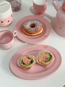 FunLife Korean Style Ceramic Dinnerware Pink Girl Heart Breakfast Plate Coffee Cup High Footed Glass Ideal for Breakfast And Tea