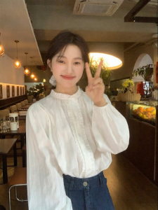 imimtuan | Áo Sơ Mi Elegante Retro Hàn Quốc Có Cổ Voan Pháp