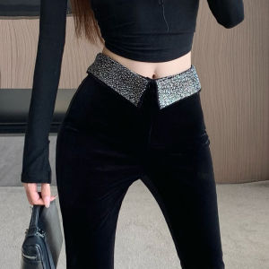 Black Rhinestone Micro-Pull Velvet Pants Female Fall and Winter Stylish Flanging High-Waisted Trousers Silm Drape Mop Bell-Bottom Pants