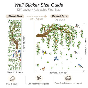 Large Tree Branch Wall Stickers with Green Leaves Colorful Birds Decals for Bedroom Living Room Botanical Nature Wall Decor