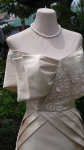 UZZO Elegant Off-Shoulder Floral Pleated Gazar Long Gown Maxi Dress Golden beige A-Line Wedding Ninang Principal Sponsor Mother of the Bride Formal Events Minimalist