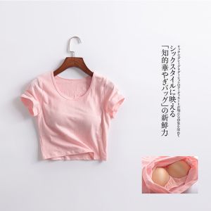 Pure Cotton with Chest Pad Cup Integrated Wireless Short Bottoming Shirt Short Sleeve T-shirt Womens Slim Fit High Waist Crop Top