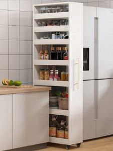 Modern Minimalist Kitchen Storage Cabinet Refrigerator Side Cabinet Sliding Bookcase Pull out Basket Solid Wood Gap Cabinet