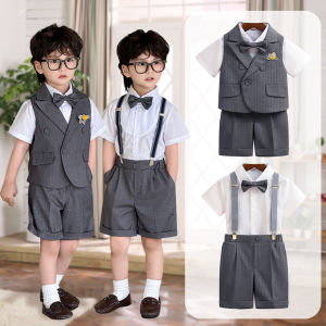 LOlanta ชุดสูททางการสำหรับเด็กผู้ชายเสื้อกั๊กสุภาพบุรุษกางเกงสีขาวเสื้อเชิ้ตเข็มกลัดโบว์มีสายเอี๊ยมสำหรับงานแต่งงานเครื่องแต่งกายสำหรับงานวันเกิดเสื้อผ้า