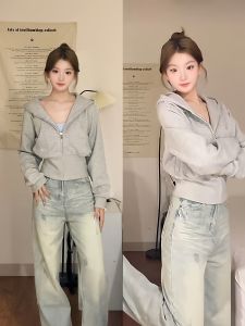 Áo Khoác Nỉ Màu Xám Cho Nữ Dáng Ôm Ngắn Mùa Thu 2025 Áo Khoác Cardigan Hở Có Mũ Trùm Đầu Áo Khoác Ngoài Thường Ngày