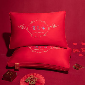New Wedding Pillow Set Red Cotton Embroidered Wedding Gifts for Newlyweds Marriage Bedding Polyester Fiber Rectangular Pillows